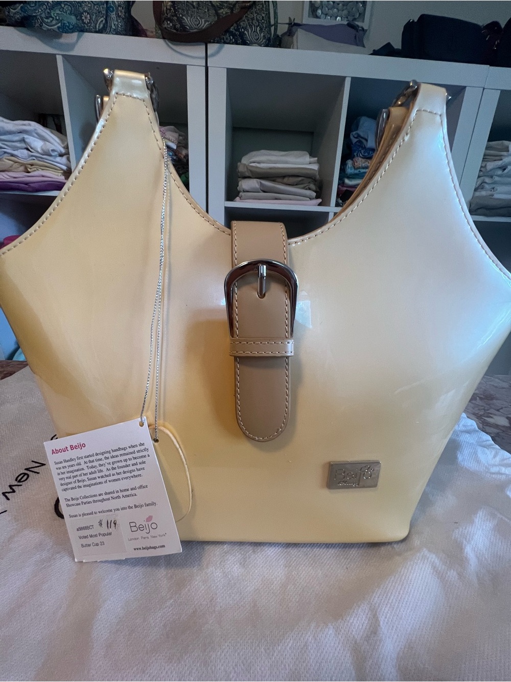 Beijo Benito Patent Cream Tote with Buckle Accent NEW IN BAG